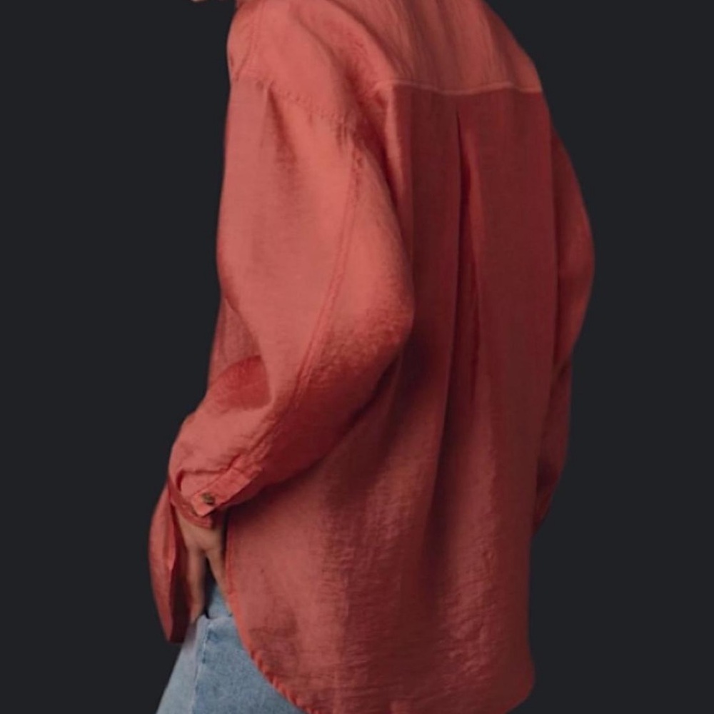 By Anthropologie Sheer Button Down Shirt Coral Pink Long Sleeve Oversized Size S - Picture 3 of 8
